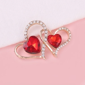 Elegant rose gold double heart jewelry with red gemstones and white rhinestones