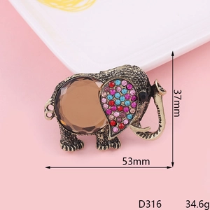 Macro view of vintage bronze elephant brooch with crystal inlay and 53mm size specs