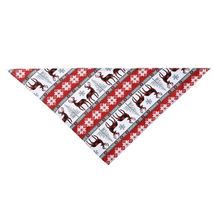 Detailed pattern of a red and white knitted pet bandana with reindeer and snowflakes