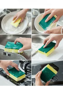Detail showing dual-layer scrubbing sponge cleaning stainless steel pots and kitchen sinks