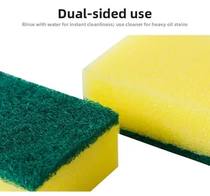 Close-up of double-sided cleaning sponge with green scouring pad and yellow absorbent foam