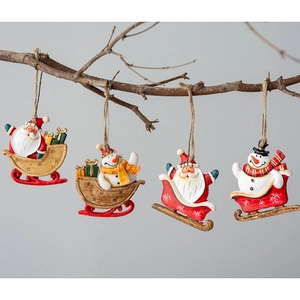 Christmas Resin Hanging Ornaments Santa Claus Snowman Sleigh Pendants For Holiday Tree Decoration Jute Rope Painted