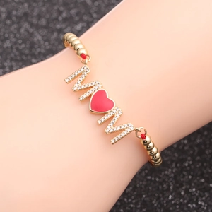 Adjustable gold chain bracelet with zircon MOM letters and red enamel heart charm