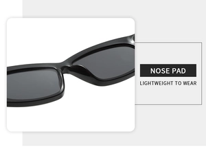 Detail of ergonomic one-piece nose pad for lightweight comfort on black cat eye sunglasses