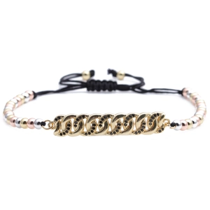 Three-tone beaded chain bracelet with micro-paved black zircon centerpiece for men and women