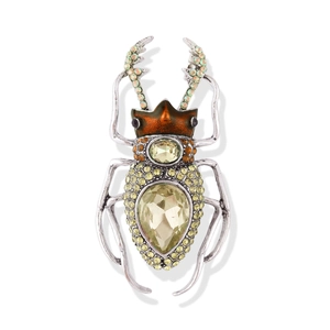 Vintage beetle brooch in antique silver with champagne crystals and enamel detail