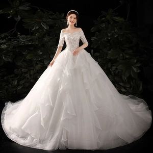 Elegant Off The Shoulder Wedding Dress Lace Sequins Long Train High Waist Tulle Bridal Gown For Women Princess Style
