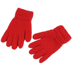 Pair of warm red knitted winter gloves for kids with ribbed cuffs on white background