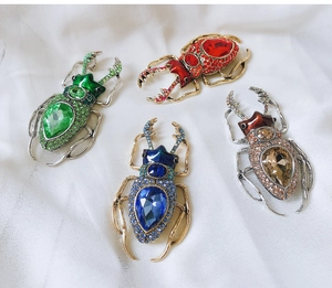 Macro view of crystal encrusted beetle brooches with vibrant faceted rhinestones