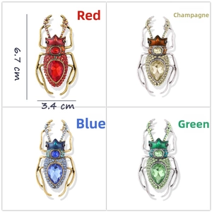 Detailed dimensions of insect beetle brooches in red, champagne, blue and green color variants