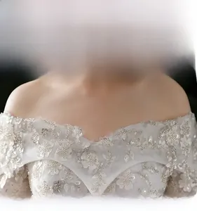 Close-up of off-shoulder wedding dress with intricate lace embroidery and sequins