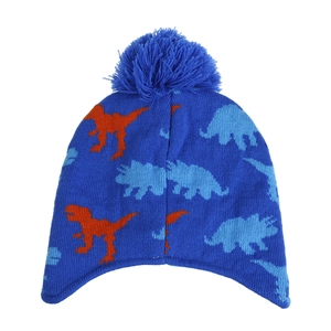 Detailed close-up of blue knit hat with colorful cartoon dinosaur patterns and pompom
