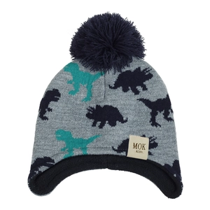 Detail of children's grey knit hat showing navy blue dinosaur pattern and warm fleece lining