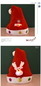 Detail of luminous Christmas hats featuring plush snowman and reindeer with glowing lights