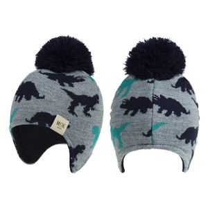 Children's knitted dinosaur earflap hat with blue pom-pom and soft fleece lining