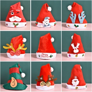 Various plush Christmas hats with Santa, reindeer, and elf designs for festive decor