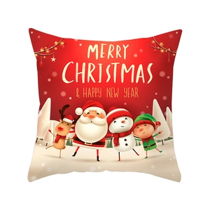 Christmas pillowcase with festive Santa, Snowman, and Reindeer on a red background
