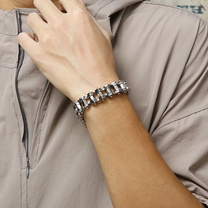 Men's silver stainless steel punk industrial chain bracelet with diamond bike link design