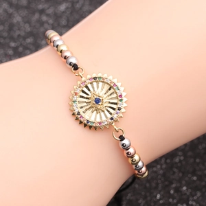Copper bracelet with zircon evil eye sun charm and multi-color beads on black cord