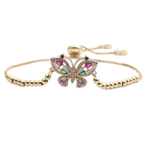 Adjustable golden butterfly bracelet featuring vibrant multi-color zircon stones