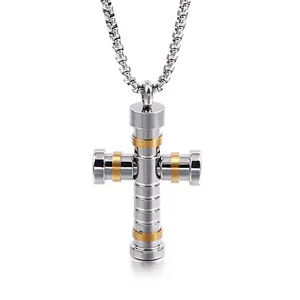 Collier avec pendentif croix en acier inoxydable bicolore argent et or pour homme