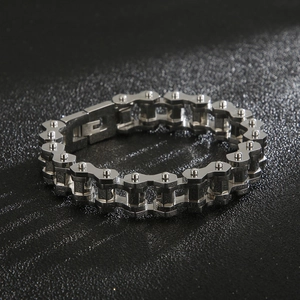 Close-up of industrial silver stainless steel bicycle chain link bracelet for men