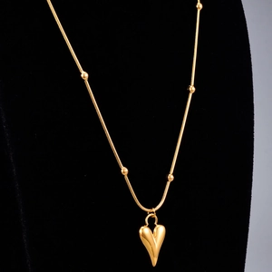 3D heart pendant necklace with beaded snake chain in 18K gold-plated stainless steel