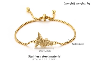 Detail of Tinker Bell fairy charm on gold stainless steel adjustable chain bracelet