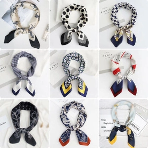 Collage of nine printed silk square scarves featuring vintage patterns and elegant designs