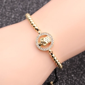 Skull Bracelet With Micro Paved Zircon Copper Beads Adjustable Braided Black Cord Punk Style Jewelry For Men