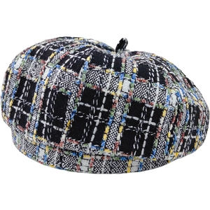 Classic colorful plaid tweed beret hat for women with autumn winter style and round top button