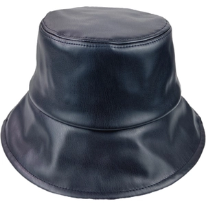Unisex black matte faux leather bucket hat with circular brim stitching and structured top