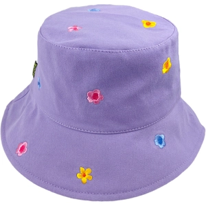 Purple cotton bucket hat with colorful flower embroidery for summer sun protection