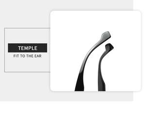 Detail of ergonomic curved temple tips on black cat eye sunglasses for a comfortable fit