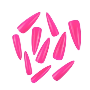Detail view of glossy pink stiletto artificial nails with a smooth almond shape finish