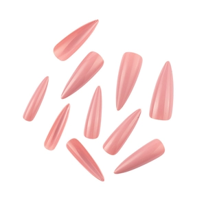 Close-up of pink stiletto false nails with embossed size numbers on a white background