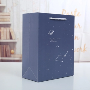 Detail of starry night gift bag with silver woven handle and cosmic quote print