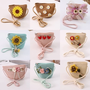 Kids Straw Crossbody Bag Woven Mini Purse Sunflower Flower Strawberry Decor Summer Beach Vacation Girls Accessories