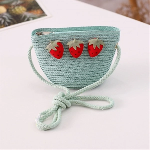 Detail of mint green woven straw bag for girls with 3D strawberry patches and zip closure