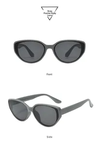Detailed front and side views of gray cat-eye sunglasses with dark gray lenses