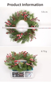 Detailed view of a 50cm Christmas wreath with red berries, pine cones and eucalyptus