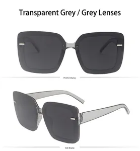 Detail view of transparent grey square sunglasses with a metallic bar accent
