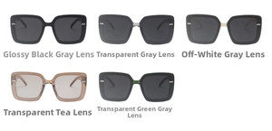 Detailed grid of oversized square sunglasses in five colors with metal accents