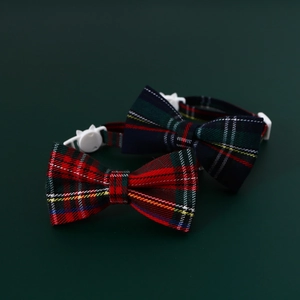 Classic plaid pet collars with bowtie and safety buckle in red and blue tartan