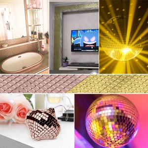 Collage of self-adhesive mirror mosaic tiles for DIY disco balls and home wall decor