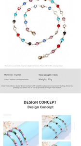 Detail view of 72cm long colorful crystal beaded chain for glasses and face masks