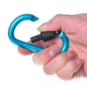 Detailed hand-held view of blue D-shape aluminum carabiner with black screw lock