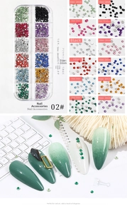 Detail of 2mm flatback rhinestones in 12-color plastic box for DIY nail art decoration
