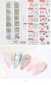 Flatback AB crystal rhinestones set in a 12-grid storage box with nail art examples