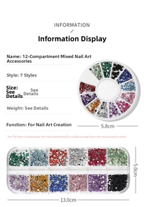 Detailed 12-grid organizer showing mixed nail art rhinestones and crystal decorations